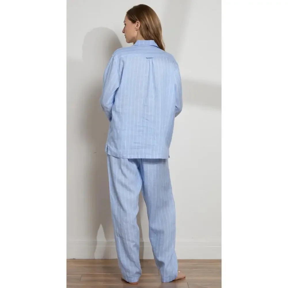The Sleep Code Pajama Set Striped Linen Long PJ Blue White Size Small S